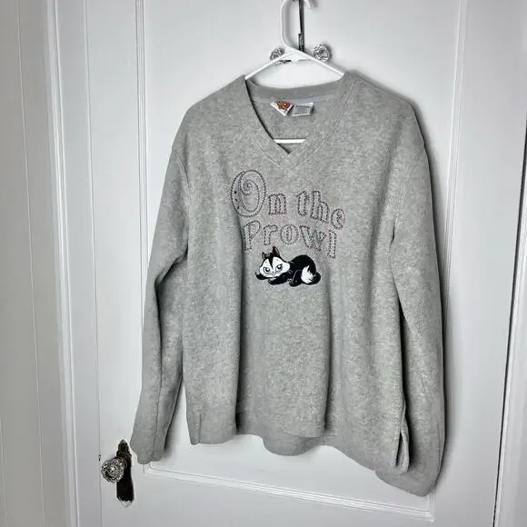 VTG Looney Tunes Penelope Pussycat Gray Fleece V Neck Sweatshirt Women XL - Picture 1 of 7